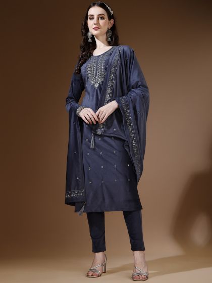 Buy Ziva Fashion Ethnic Motifs Printed Velvet Kurta & Trousers With Dupatta  - Kurta Sets for Women 25845068