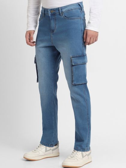 Regular Women Sky Blue Stretchable Denim Cargo Jeans, Button