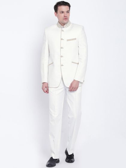 Buy Hangup White Single Breasted Regular Fit Ethnic Bandhgala Suit Suits For Men 2370566 Myntra Suits have been around for around four hundred years but the slim fit men's formal suits from raymond in solid hues are everything that a groom could ask. inr