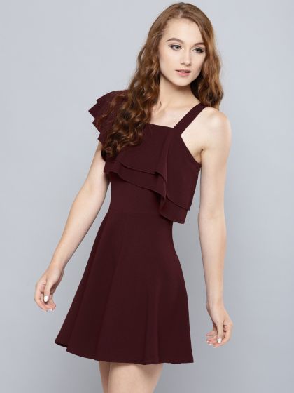 Buy FEBRINA CLASSIC Maroon Solid Fit & flare dress Online at Low Prices in  India 