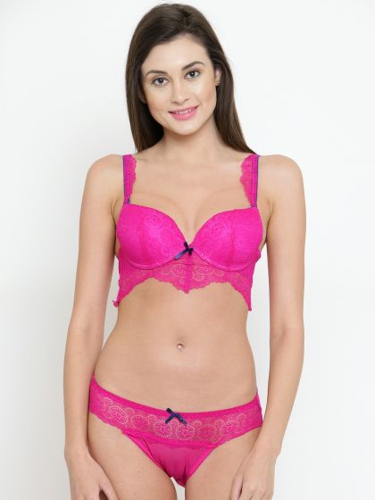 Buy Prettycat Pink Lace Bra And Panty Set Self Design Lingerie Set