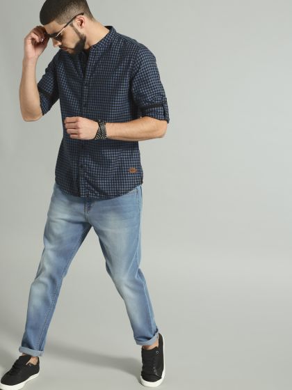Buy The Indian Garage Co Men White Teal Blue Slim Fit Striped