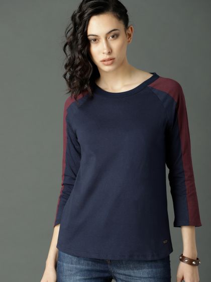 Buy Roadster Women Grey Melange Solid Round Neck Baseball T Shirt - Tshirts  for Women 1500951