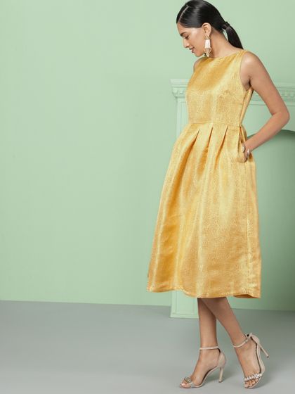 Buy Aks Women Sea Green Golden Silk Brocade Pattern Maxi Dress Dresses For Women Myntra