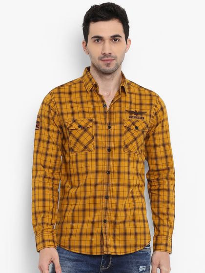 mufti mustard yellow checked casual shirt