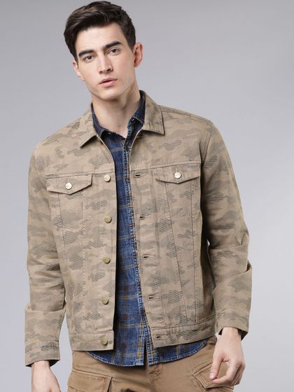 Men Beige Solid Denim Jacket - Jackets 