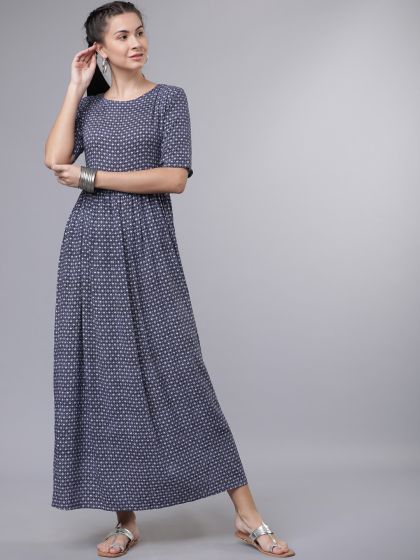 vishudh navy blue printed maxi dress