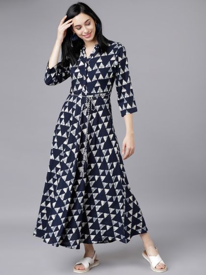 vishudh navy blue printed maxi dress