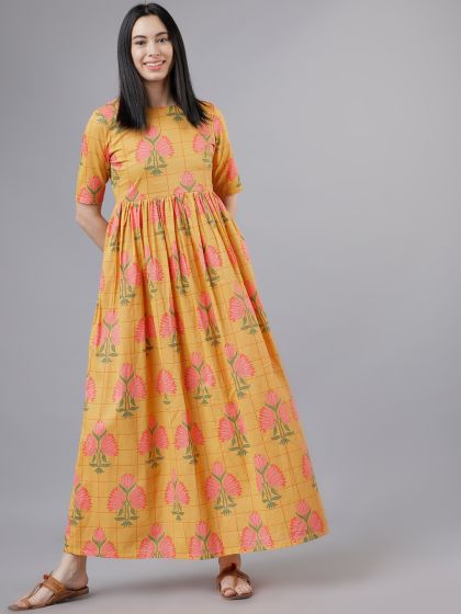 aks mustard yellow printed maxi dress