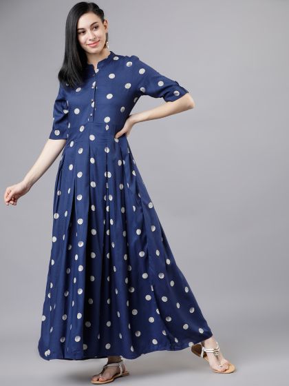 vishudh navy blue printed maxi dress