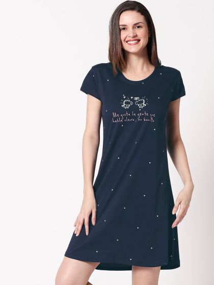 Buy Twin birds Cotton Knee Length Nightdress - Black White at Rs