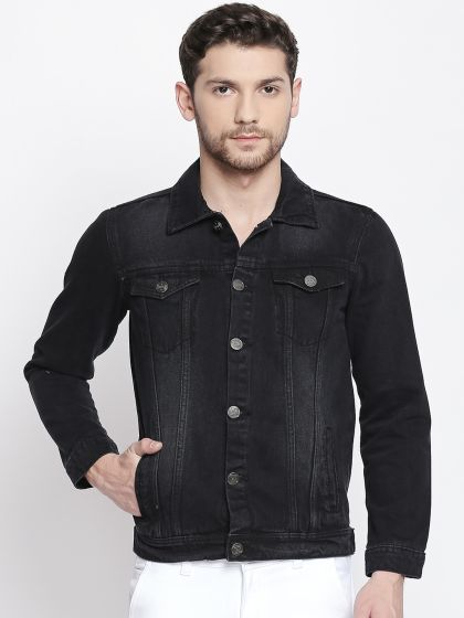 Men Black Solid Denim Jacket - Jackets