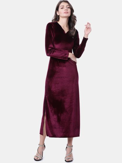 Buy STREET 9 Women Deep Burgundy Solid Velvet Dress Dresses for