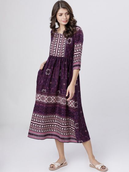 Athena Purple Cotton A-Line Dress