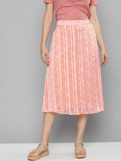 Mast & Harbour Women Coral & White Floral Printed A-Line Midi Skirts