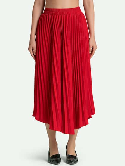 AASK Women Red Accordion Pleats Flared Maxi Skirts