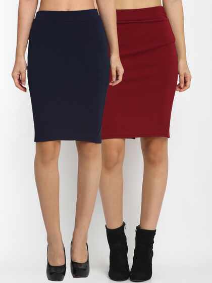 NEUDIS Women Pack Of 2 Self Design Pencil Knee-Length Skirts