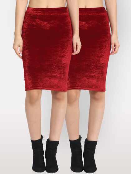 NEUDIS Women Pack Of 2 Maroon Solid Velvet Pencil Knee-Length Skirts