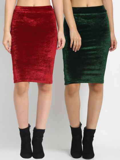 NEUDIS Pack Of 2 Women Green & Maroon Velvet Solid Regular-Fit Pencil Skirts
