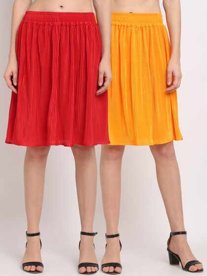 NEUDIS Women Pack Of 2 Solid A-Line Knee-Length Skirts
