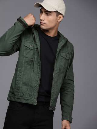 WROGN Men Olive Green Solid Hooded  Cotton Denim Jacket