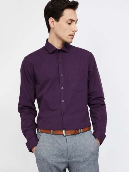 grey pant purple shirt
