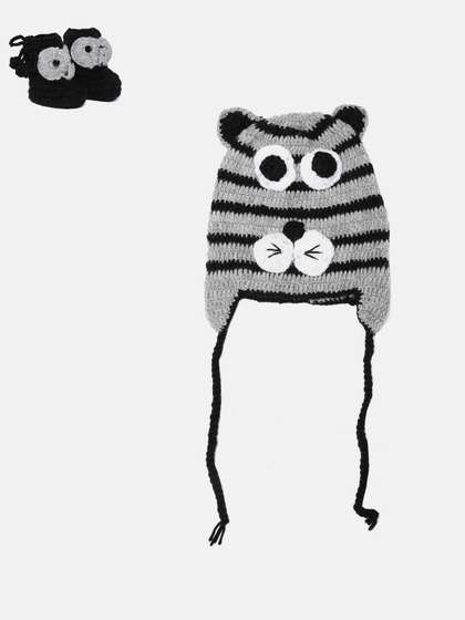 CHUTPUT Kids Black
                      & Grey Striped Woollen Beanie with Booties