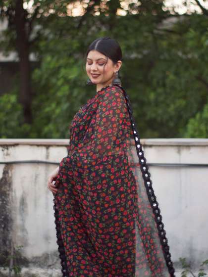 Tikhi Imli Black & Red Poly Georgette Printed Saree