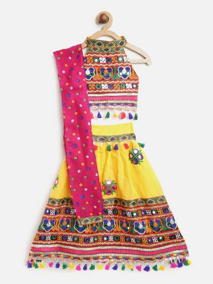 BownBee Girls Yellow
                    & Green Embroidered Ready to Wear Lehenga &
                    Blouse with Dupatta
