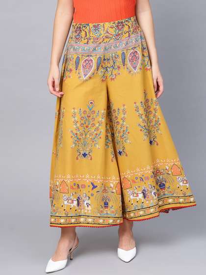 Juniper Women
                        Mustard Yellow & Blue Printed Flared
                        Palazzos