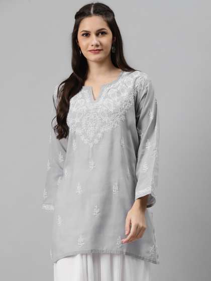 ADA Women Grey & White Chikankari Hand-Embroidered Pure Cotton Kurti