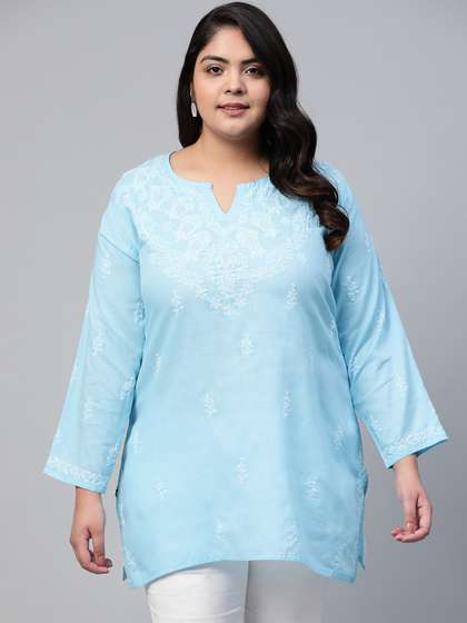 ADA Women Blue & White Chikankari Embroidered Pure Cotton Kurti