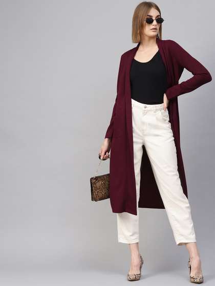 SASSAFRAS Women
                      Burgundy Ribbed Longline Open Front Shrug