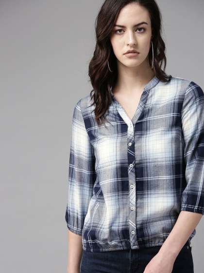 The Roadster Lifestyle Co Women Blue & White Checked Blouson Top