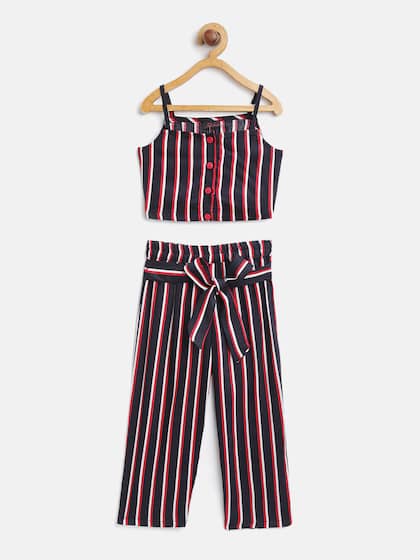 pspeaches Girls Navy Blue & Red Striped Crop Top with Trousers