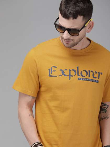Roadster The Lifestyle Co Men Mustard Yellow Printed Round Neck Pure Cotton T-shirt