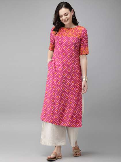 Anouk X fwd Women Pink & Mustard Yellow Printed Straight Kurta