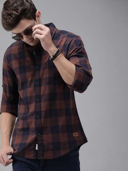 Roadster Men Navy Blue & Rust Red Checked Pure Cotton Casual Shirt