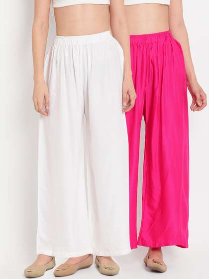 TAG 7 Women Pack Of 2 White & Pink Solid Flared Palazzos