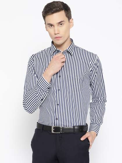 Hancock Men White
                        & Navy Slim Fit Striped Formal Shirt