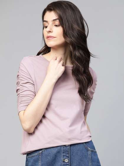 Roadster Women Lavender Solid Ruched Sleeves Pure Cotton Top