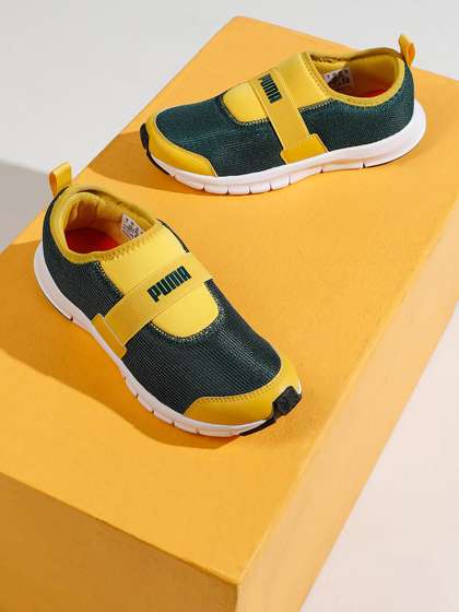 Puma Boys Teal Green Yellow Colourblocked Flex JR Slip-On Sneakers
