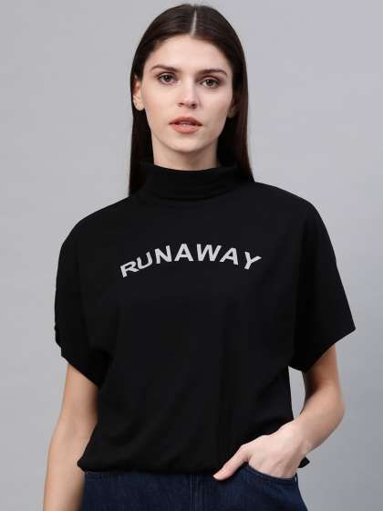 Roadster Women Black & White Printed Detail Blouson Pure Cotton Top