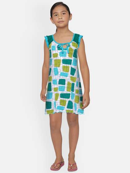 SINI MINI Girls White
                      & Turquoise Blue Printed Nightdress