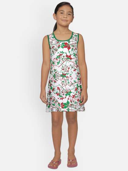 SINI MINI Girls White
                    & Green Printed Nightdress