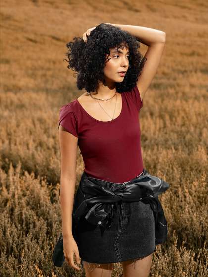 Roadster Women Maroon Ribbed Pure Cotton Top