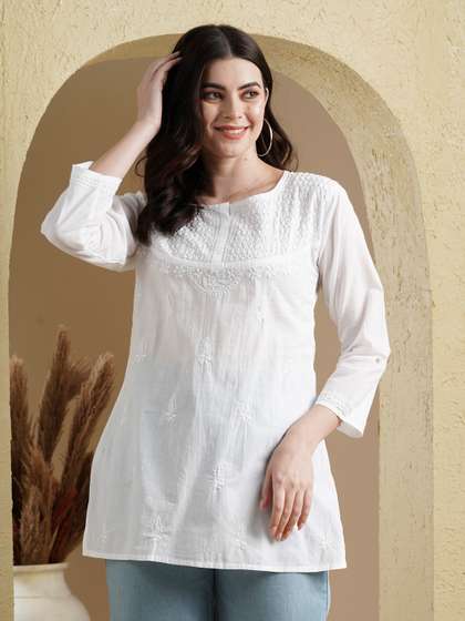 ADA Women White Chikankari Hand Embroidered Pure Cotton Semi-Sheer Handloom Kurti