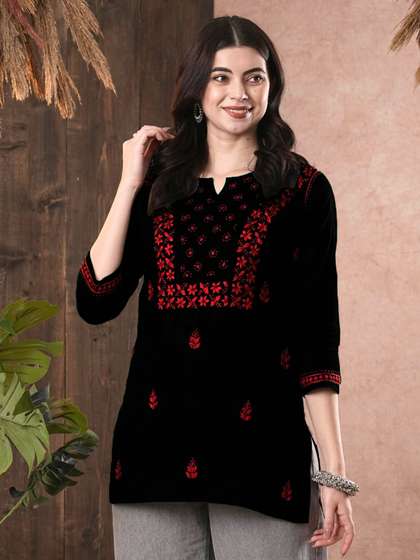 ADA Women Black & Red Chikankari Hand Embroidered Pure Cotton Straight Handloom Kurti
