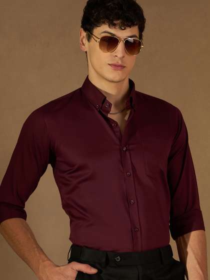 DENNISON Men Burgundy Twill Comfort Regular Fit Solid Formal Shirt