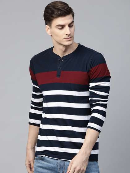 Roadster Men Navy Blue & White Striped Henley Neck T-shirt